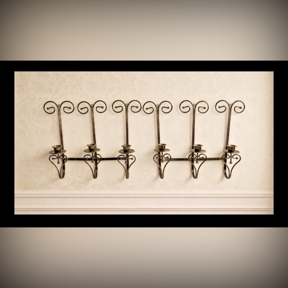 Home Interiors 3 Candlestick Adjustable Brass Sconces Set Pair Scroll Hearts MCM